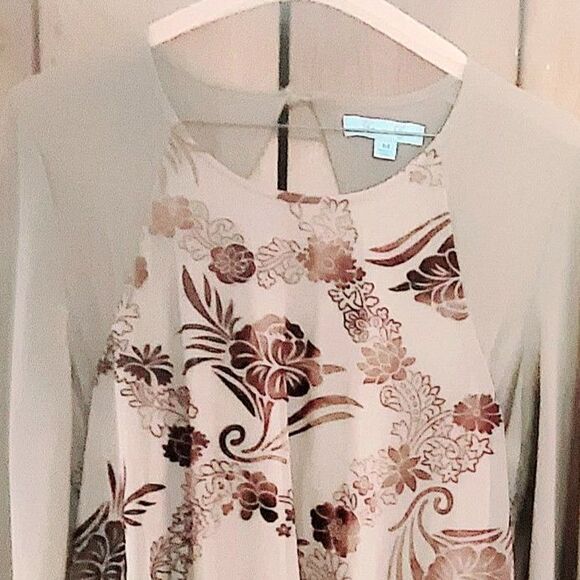 She + Sky Tan with Brown Floral Sheer Long Sleeve Short Lined Shift Dress Medium - Picture 4 of 9